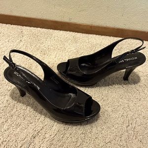 Michael Shannon ‘Hart’ black patent leather sling back platform heels
